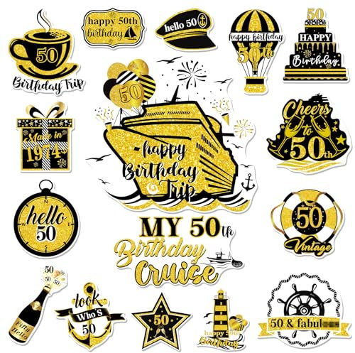 cosmisun Cruise Door Decorations Magnetic - 16 PCS 50th Birthday Cruise Door Decor Magnets Cheers to 50 Years Anniversary Cruise Ship Door Decorations Magnet for Carnival Refrigerator Party Decor
