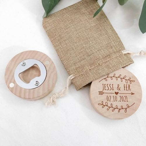 Abridor de botellas redondo personalizado grabado con láser, regalo para decoración de cocina, abrebotellas de madera personalizado, abrebotellas de cerveza, decoración de madera (cantidad: 40