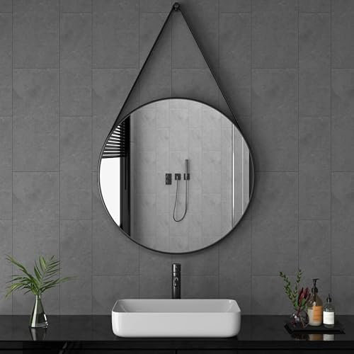Goezes Runder Schwarz Spiegel 60cm Rund Wandspiegel, Schwarz Metallrahmen Spiegel Dekorative Wandspiegel mit Gürtel Schminkspiegel für Badezimmer, Wohnzimmer, Gäste WC