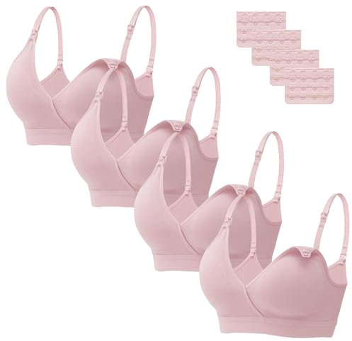 HBselect 4 Stück Still-BH Ohne Bügel Schwangerschafts BH Nahtloser Mutterschaft BH Umstands BH mit Zusätzlichen BH-Verlängerungen Rosa*4 S