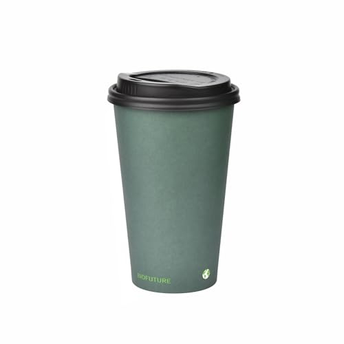 BIOFUTURE Biodegradable Coffee Cups – 50 x 6oz – 16oz (170ml – 450ml) Disposable Paper Cups with Lids – Eco-Friendly and 100% Compostable – Ideal for Tea, Coffee, and Hot Drinks (Green, 16oz)