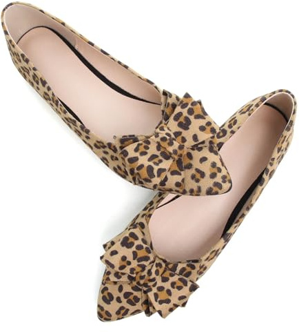 SAILING LU Bow-Knot Ballet Flats for Women Pointed Toe Crystals Wedding Shoes Comfort Light Weight Loafers, 241-leopard Yellow, 8 UK