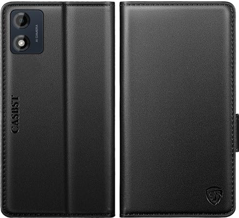 CASBST for Motorola Moto E13 Case, Kickstand Flip Leather Wallet Book Case with Card Slots Shockproof Magnetic Closure Protective Phone Case Cover Compatible with Motorola E13 - Black