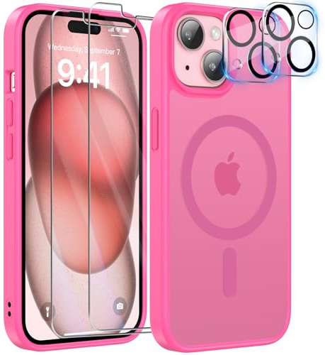YisrLery 5-in-1 Kompatibel mit iPhone 15 Hülle mit 2 Stück Schutzfolie und 2 Stück Kameraschutz Militärnorm Schutz, PC Kratzresistente Rückseite Stoßfest Magnetische Hülle(Leuchtendes Rosa)