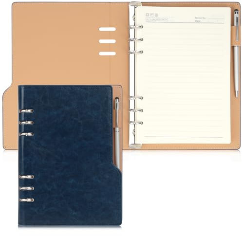 Skycase A5 Ringbuchordner aus PU-Leder, 6-Ring-Mechanik, nachfüllbar, blau – Praktischer Planer, Notizbuch & Ordner für Schule, Studium & Büro