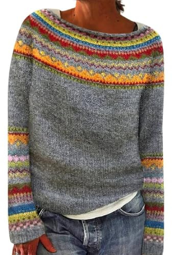 Gyaimxfu Pull norvégien pour femme - Pull long original - Élégant - Col rond - Décontracté - Chaud - Pull d'hiver en cachemire - Manches longues - Chaud - Automne et hiver