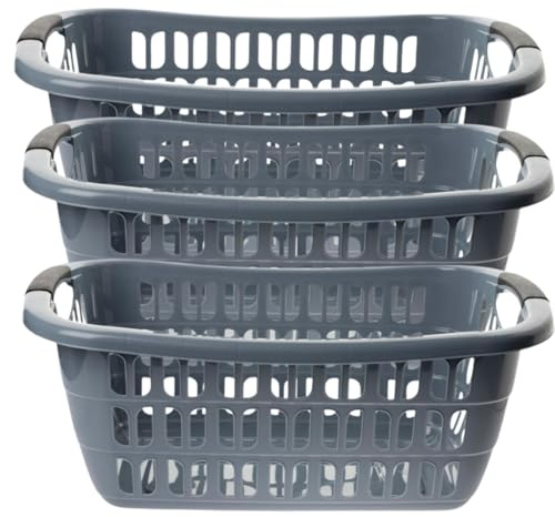 2friends Ergonomische Wäschewanne, 3er Pack - Praktischer Wäschekorb aus Plastik in Grau, leichte & robuste Allzweck-Kunststoffwanne mit Griffen, ideal für Wäsche, 55x22x37cm, Made in EU