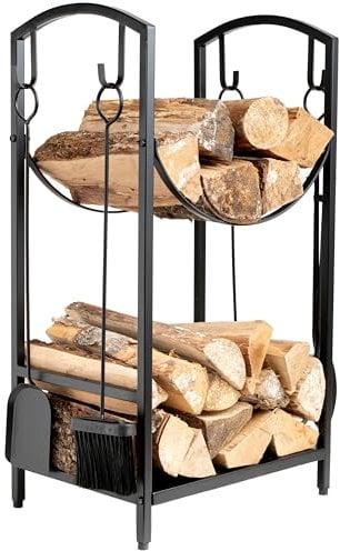 Neustein Kaminholzregal mit 4 Kaminbesteck 75x30x40cm Kaminholzständer Feuerholzregal Brennholzregal metall schwarz stehend Holzregal Stapelregal