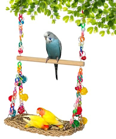 Double Layer Parrot Swing Hammock, Bird Cage Hanging Chewing Climbing Toy | Bird Perch Stand, for Parakeets Budgies Conures Cockatiels Lovebirds, Cage Decor Accessory, Durable Natural Material