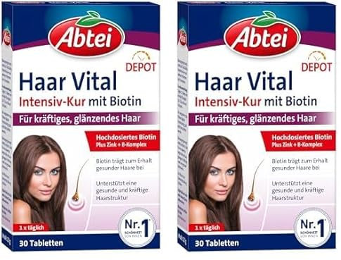 Abtei Haar Vital Intensiv-Kur - Hochdosiertes Biotin, Zink und Vitamin B-Komplex mit Depot-Effekt - für kräftiges, glänzendes Haar - vegan - 30 Tabletten (Packung mit 2)