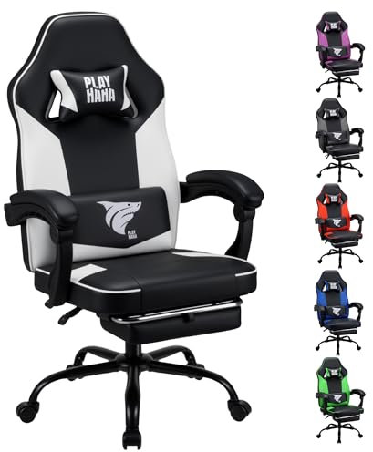 Play haha.Ergonomic Gaming Chair with Footrest, High Back Office Chair with Lumbar Support and Headrest, PU Leather Reclining Swivel Chair for Home and Office (White,With footrest)