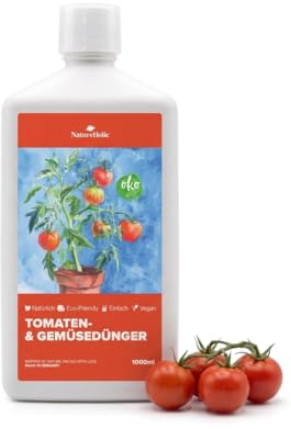 NatureHolic Tomatendünger Flüssig 1L – Organischer Vinasse Gemüsedünger mit 3 Lebenden Mikroorganismen-Kulturen – Extra Kalium für Tomaten – Vegan