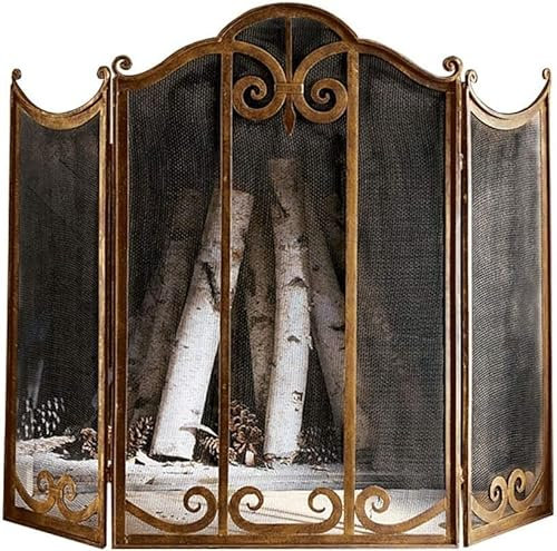 Fireplace Screen Large Gold Fireplace Screen 3 Panel Ornate Wrought Iron Metal Fire Place Standing Gate Decorative Mesh Solid Steel Spark Guard Cover Outdoor Tools Accessories