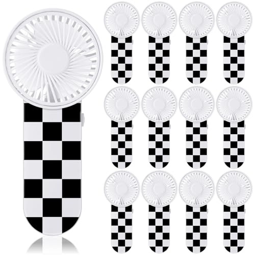 Riakrum Lot de 12 mini ventilateurs portables à carreaux pour voiture de course - Fonctionne avec piles - Pour voyage, été, maquillage en plein air, cadeau d'équipe