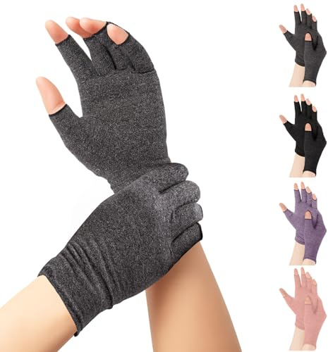 JLFDLLYYZQ 4 Paar Arthritis Handschuhe (Rosa + Lila + Grau + Schwarz, L) | Kompressionshandschuhe für Rheumatoide und Arthrose, fingerlose Handschuhe für Tippen und tägliche Arbeit