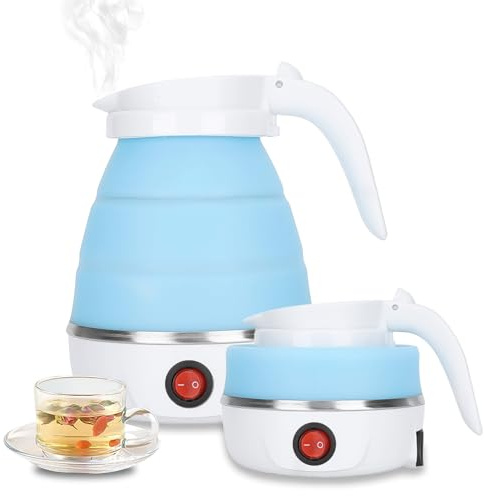 Foldable Electric Kettle, Mini Travel Kettle 600ML Silicone Portable Water Boiler, with Separable Power Cord for Home, Office, Camping, and Hiking（Blue, non-foldable handle）