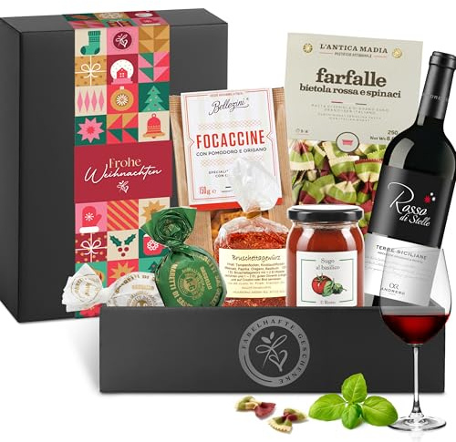 Präsentkorb Italia gefüllt mit Rotwein, Pasta, Sugo, Grissini, Gewürzmischung und Amaretti | für einen italienischen Abend zu zweit | mit Weihnachtsgruß-Banderole