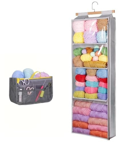 Hanging Yarn Storage Organiser with 4 Clear Pockets, Knitting Organiser Storage with Zippers, Wool Stoarge Bag for Crochet Lovers, Over the Door Hanging Yarn Holder for Knitting Needles, Crochet Hooks