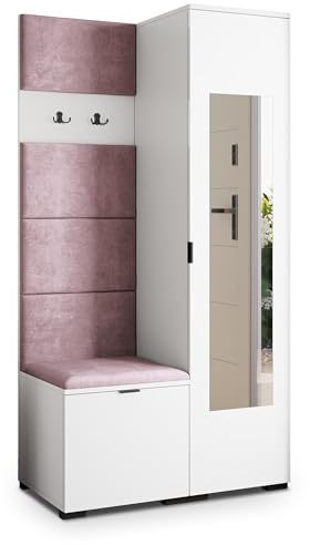 Masseno Flugarderoben Set VIRA, Kleiderschrank-Set mit Spiegel und Sitzbank, Garderobenschrank Flur mit 3 Regalböden, Weiß