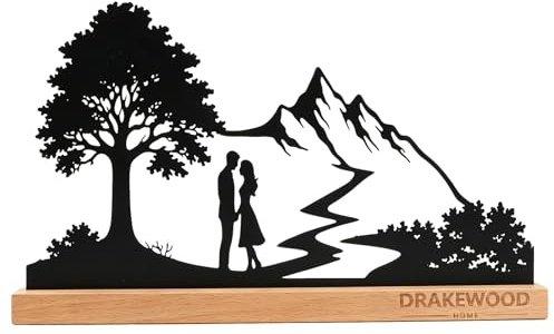 Paar Dekofigur Liebespaar Modern Dekoration Aufsteller Schwarz Skulptur | Metall Berge Baum Silhouette Holzsockel Geschenk für Hochzeitstag Valentinstag Wohnzimmer Fensterbank Tischdeko Sommerdeko