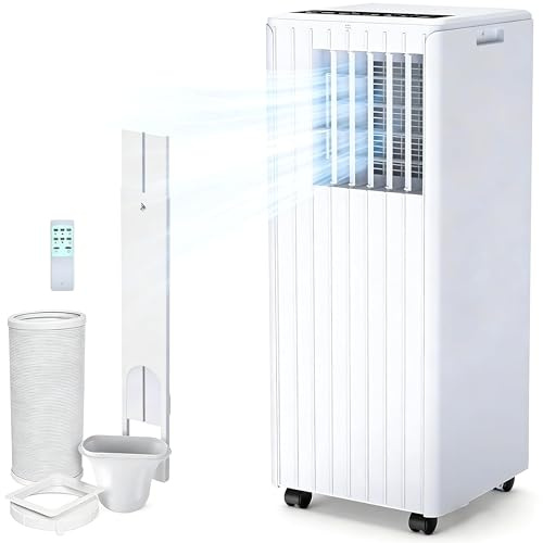 9000 BTU Portable Air Conditioner, 4-in-1 Mobile Air Conditioner with Cooling, Dehumidifier, Fan, Sleep Mode, 24H Timer, 2 Speeds, Quiet, Remote, Window Kit for Home & Office Up to 300sq.ft, White
