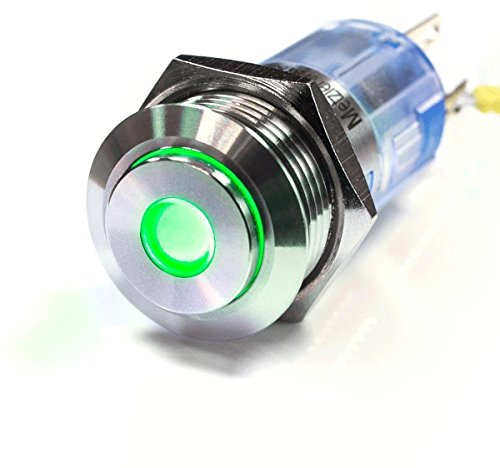 LED-Druckschalter - V2A Edelstahl - Ø 16 mm - erhbane Tastfläche - wasserdicht - Punkt-Beleuchtung (Rastend, Grün)