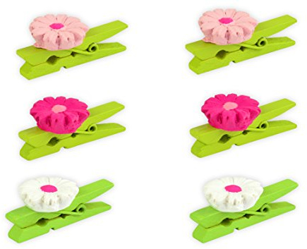* 6 Dekoklammern aus Holz | mit Blumendekor | 2 verschiedenfarbige Sets | Zierklammer Frühling Ostern (Set 1)