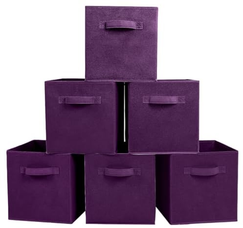 PowerKing Fabric Storage Box, 6 Pieces Foldable Storage Cube Storage Box Fabric Organiser Cube Shape – Purple