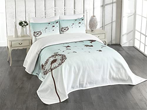 ABAKUHAUS Kunst Tagesdecke Set, Löwenzahn-Tauben Bloom, Set mit Kissenbezug Maschienenwaschbar, für Einzelbetten 170 x 220 cm, Türkis braunen