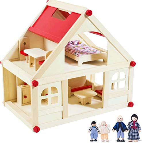 rcee casa delle bambole in legno, 4 bambole e 9 mobili, 2 piani, casa delle bambole, priva di sostanze nocive