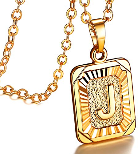 FOCALOOK 18k vergoldet Anhänger Halskette für Damen Mädchen Rechteck Tag Buchstabe J mit 50+5cm Rolokette Initiale Modeschmuck für Geburtstag