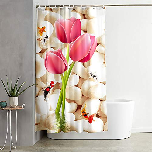 Chickw1 Rideau de Douche Impermeable Anti Moisissure,3D Imprimé Rideau de Douche Polyester Rideau de Douche Doublure avec 12 Crochets Rideaux de Salle de Bain (Tulipes et Poisson Rouge,130x180cm)