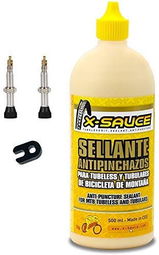 X- Sauce Kit Sellante Anti Pinchazos para Tubeless, 500ml +2 Válvulas Finas +1 Llave