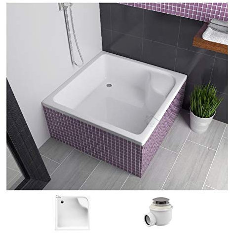 ECOLAM Receveur de douche profond carré Dante avec assise 90x90, hauteur 41 cm profondeur 28 cm acrylique blanc, base en polystyrène + siphon Click clack