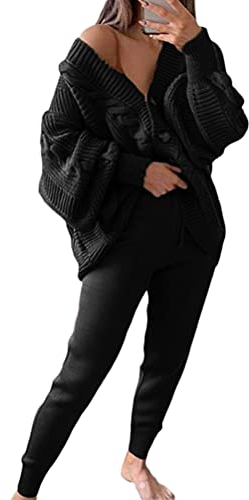 Minetom Damen Strickanzug Zweiteilig Hosenanzug Langarm Einfarbig Lose Cardigan Strickjacke + Hose Herbst Winter Freizeitanzug Pullover Set Schwarz XXL