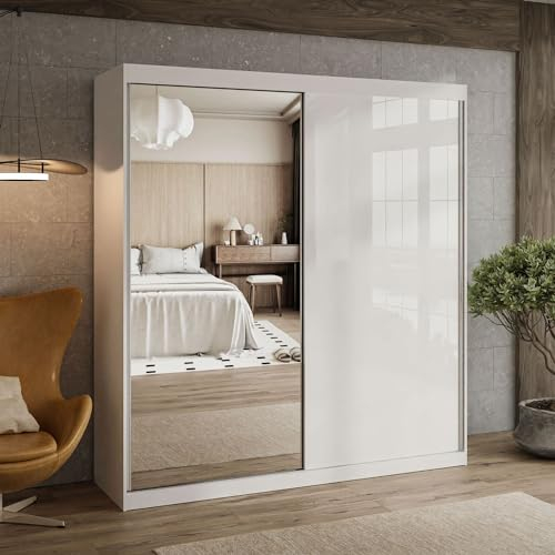 lukmebel Kleiderschrank - Kleiderstange Schrank - Schwebetürenschrank mit Spiegel BASTER 200 x 58 x 215 cm Schrank Weiß-Hochglanz - Schlafzimmer Möbel - Aluminiumgriffe - Mehrzweckschrank