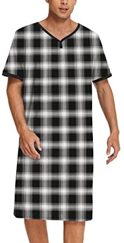 Ekouaer Herren Nachthemd Nachtwäsche Comfy Big & Tall Kurzarm Henley Sleep Shirt, Schwarz Plaid , Large
