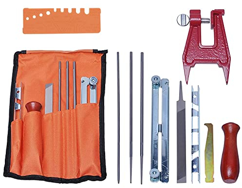 Poweka Kit d'affûtage Universel pour Tronçonneuse, Jeu de Limes pour Aiguiser Les Semis de Chaîne avec Limes, Poignées en Bois, Jauge de Profondeur, Guide de Polissage, Sac à Outils et Vis de Banc