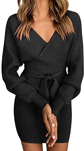 Robe Pull Femme Elégant Robe Tricoté Col V Manche Longue Casual Robe Automne Hiver Tunique Chic Jupe Courte Robe Moulante Slim avec Ceinture,Noir M
