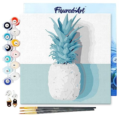 Figured'Art Mini Malen Nach Zahlen Erwachsene Mit Rahmen 20x20cm Kleines Format - Ananas - Paint by Numbers Basteln DIY Bastelset Leinwand gespannt auf Holzrahmen