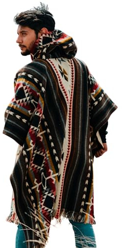 Poncho Men Alpaca Wool with Hood – Warm Ecuadorian Cloak, Thick Western Gaban, Cowboy Serape Shawl, Brown Canvas Honcho Hoodie, Winter Blanket Pancho for Adult – Clint Eastwood Style