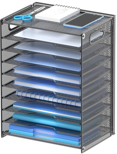 OUTWOLF 10 Tier Paper Organizer - Letter Tray Mesh Desk File Organizer with Handles for Office School Desktop