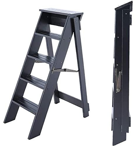 Scaletta Leggera a 5 gradini Sgabello Pieghevole in Legno massello Scaletta da Cucina Domestica con gradini Larghi Antiscivolo Scalette Pieghevoli Multiuso