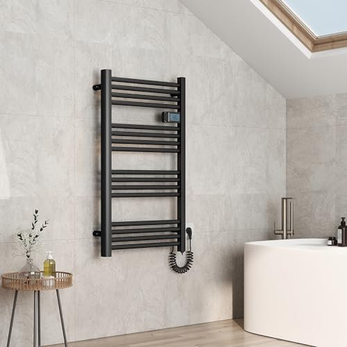 EMKE Termoarredo elettrico 96x54cm, 500W, Radiatore da bagno con display digitale, scaldasalviette elettrico bagno diritto (Nero)