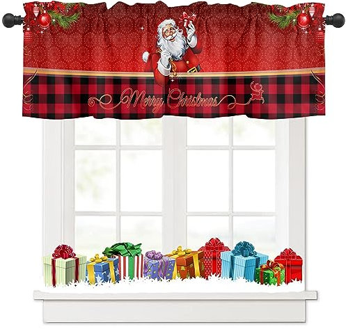 Tokusyou Weihnachten Scheibengardine Gardinen Deko Weihnachtsgardine Rot Vorhang Der Weihnachtsmann Kariert Muster Blickdicht Bistrogardinen für Küche Schlafzimmer B 137 × H 45 cm