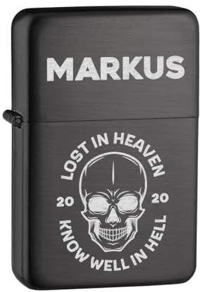 Benzin Feuerzeug in Anthrazit mit Totenkopf Gravur - Geschenk für Papa, Freund und Kollege - als Geschenk zum Geburtstag und Weihnachten