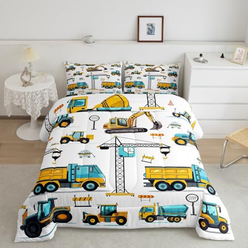 Erosebridal Kinder-Bettwäsche-Set für Jungen, Doppelbagger, LKW, Tröster, Traktor, Fahrzeug, Kleinkind, Bettwäsche-Set, Cartoon-Auto-Bett-Set, Gelb / Blau, 1 Kissenbezug, Kinderzimmer-Dekor