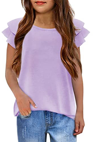 Arshiner Ragazza T-Shirt Ondulate Maniche Estate Bambina Magliette Manica Corta Moda Casual Tshirts per Ragazze 11-13 Anni Viola