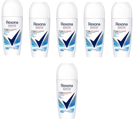 6x Rexona Nonstop Protection Deo Roll-On Cotton Dry Anti Transpirant mit 72 Stunden Schutz vor Schweiß und Körpergeruch 50 ml