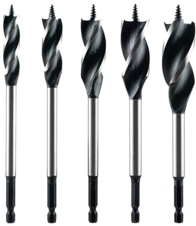 Norske Tools NIABP245 5PC Auger Drill Bit Set(1/2, 5/8, 3/4, 7/8 & 1), 6-1/2 Long for Wood 1/4 Hex Shank